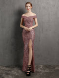 Slash Neck Sexy Cocktail Dress Sequins Side Split Slim Party Gown XUCTHHC 2022 New Short Sleeve Formal Women Robe De Soriee