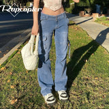 y2k Jeans Retro Sashes Denim Pants Ruched Drawstring Cargo Pants Women Big Pockets Trousers Women Streetwear Jeans 90s