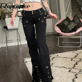 Metal Zipper Flare Jeans Goth Black Low Waisted Cargo Pants Pockets Punk Academic Fashion Sweatpants Women Korean Jean