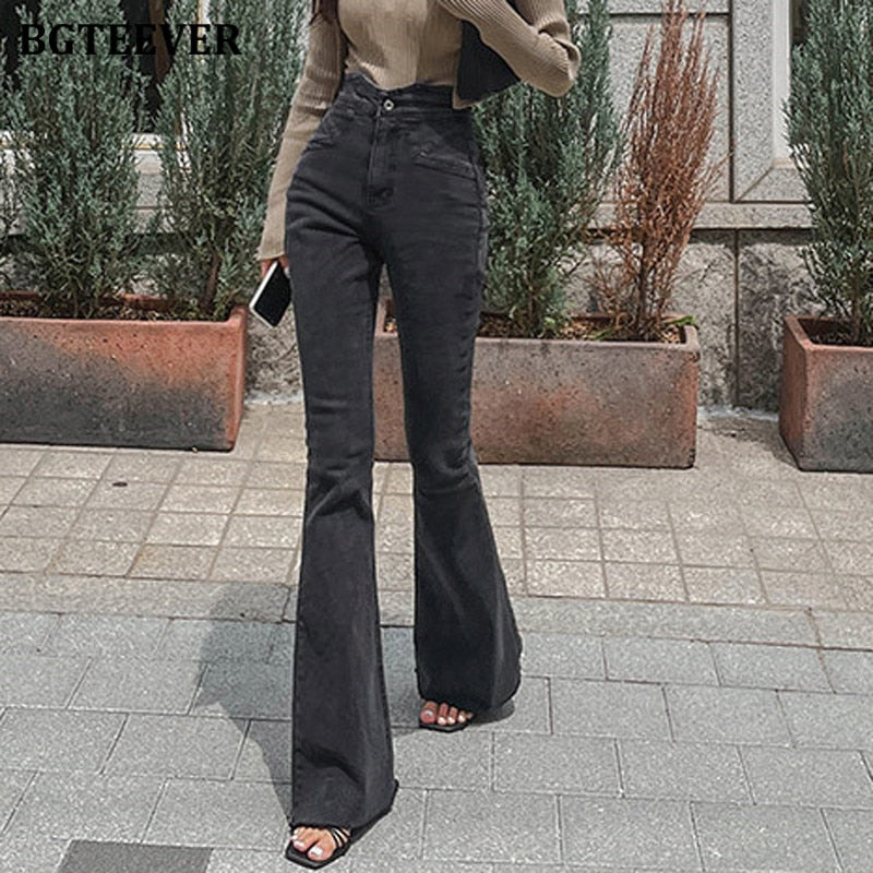 New Autumn Winter Stylish Women Flare Jeans High Waist Button Ladies Pant Stretched Casual Female Denim Trousers 2022