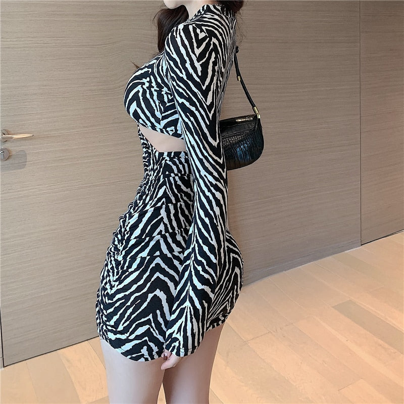 Prettyswomen Fashion Autumn Long Sleeve Zebra Pattern Short Pleated Hollow Waist Sexy Slim Dress For Women TUAQ
