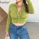 Prettyswomen 2022 Blue Sexy Women Crop Top Y2k V Neck Casual Ruched Long Sleeve Summer Green T Shirt Fashion Female Tee Vintage