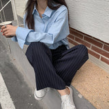 Christmas Gifts  2022 Spring Summer New Stripe Loose Thin All Match Straight Leisure Trousers OL Lady High Waist Casual Wide Leg Pants