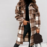 Prettyswomen Women's Coat Turn-Down Collar Long Sleeve Autumn Winter Overcoat Plaid Print Flap Pockets Woolen Oversize Coat Outerwear Пальто