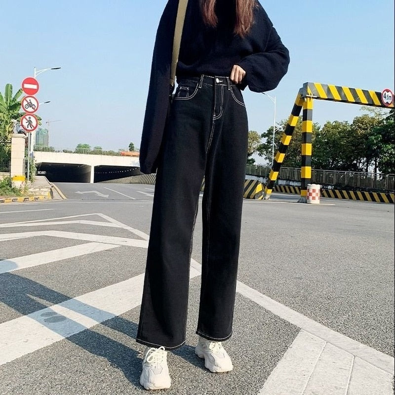 Prettyswomen Jeans Women All-Match Korean Style Mopping Trousers Denim Vintage Black Solid High Waist Autumn Baggy Chic Ulzzang Street Casual