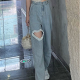 Prettyswomen Sweet High Waist Denim Pants Women Chic Love Heart Ruffles Hollow Out Wide Leg Pants Jeans Female Streetwear Straight Trousers