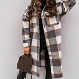 Prettyswomen Women's Coat Turn-Down Collar Long Sleeve Autumn Winter Overcoat Plaid Print Flap Pockets Woolen Oversize Coat Outerwear Пальто