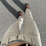 Prettyswomen Vintage Y2K Trousers Female Autumn Spring Buckle Belted High Waist Slimming Bottoms Women Fashion Stripes Pattern Long Pants