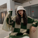 Prettyswomen 2022 New Arrival Spring Autumn Winter Korean Style Women Casual Loose Long Sleeve O-Neck Sweater All-Matched Plaid Sweaters P198