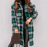 Prettyswomen Women's Coat Turn-Down Collar Long Sleeve Autumn Winter Overcoat Plaid Print Flap Pockets Woolen Oversize Coat Outerwear Пальто