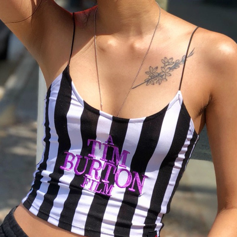 Prettyswomen Letter Embroidery Camis Women Sexy Crop Top 2021 Summer Sleeveless Skinny Camisole Y2K Black White Stripe Vests Tee