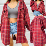 S-XL  Casual Young Women Button Down Shirt, Long Sleeve Loose Lapel Plaid Print Blouse with Pockets , Red/Blue