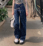 Prettyswomen 2022 New Arrival Autumn Women All-Matched Print Cotton Denim Full Length Pants Casual Loose Button Fly Waist Straight Jeans P142