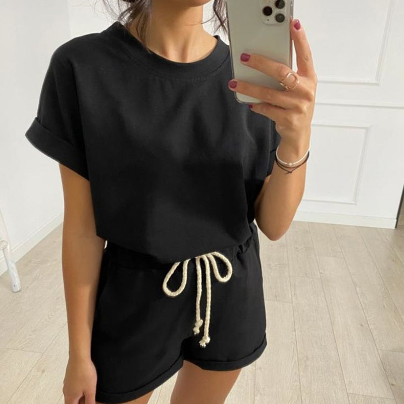 Prettyswomen Solid Summer Women's Suit Two Pieces Tracksuit Short Sleeve Sports Suits Women 2021 Casual Tracksuits Elastic Waist Lady Set