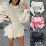 Women Mesh Puff Long Sheer Sleeve Tops Pullover Blouse Shirts Casual Party Club