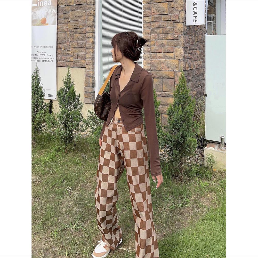 Prettyswomen Fashion girl chocolate color straight jeans women loose large size checkerboard pattern thin trousers y2k baggy wide leg jeans