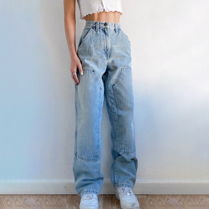Prettyswomen 90S Hip Hop Streetwear Y2K Blue Harajuku 2022 Jeans For Woman'S High Waist Wide Leg Bike Fashion Straight Vintage Denim Trousers