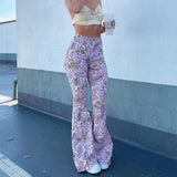 Flare Pants Fashion Print Women High Waist Trousers Vintage Streetwear Casual Elastic Waist Pants Bottoms Autumn 2022