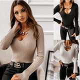 Prettyswomen Chain Sweater Women 2022 Autumn Winter New Fashion Long Sleeve V-Neck Sexy Cut Out Long Sleeve Bottomed Tops