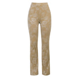 Flare Pants Velvet Flocking Floral Women High Waist Trousers Autumn Winter Khaki Fashion Sexy Hot Girls Y2K Streetwear