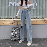 Prettyswomen Tooling wide-leg jeans for women new high-waist all-match straight-leg trousers Harajuku Blue Pockets Patchwork pants