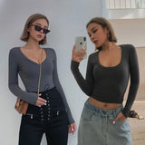 2022 Spring Autumn Slim Sexy Women T-shirt Long Sleeve T shirt U-Neck Gray Tees Female Solid Black/White Korean Crop Tops Y2k