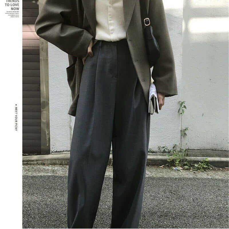 Thanksgiving Day Gifts Gray Wide Leg Women's Classic Suit Pants Vintage Palazzo Office Elegant Casual Balck Trousers Female High Wasit Pants