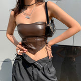 Patchwork Irregular Corset Women Chic Side Cut Out Hole Strappy Tank top Popular Faux Leather Casual Streetwear