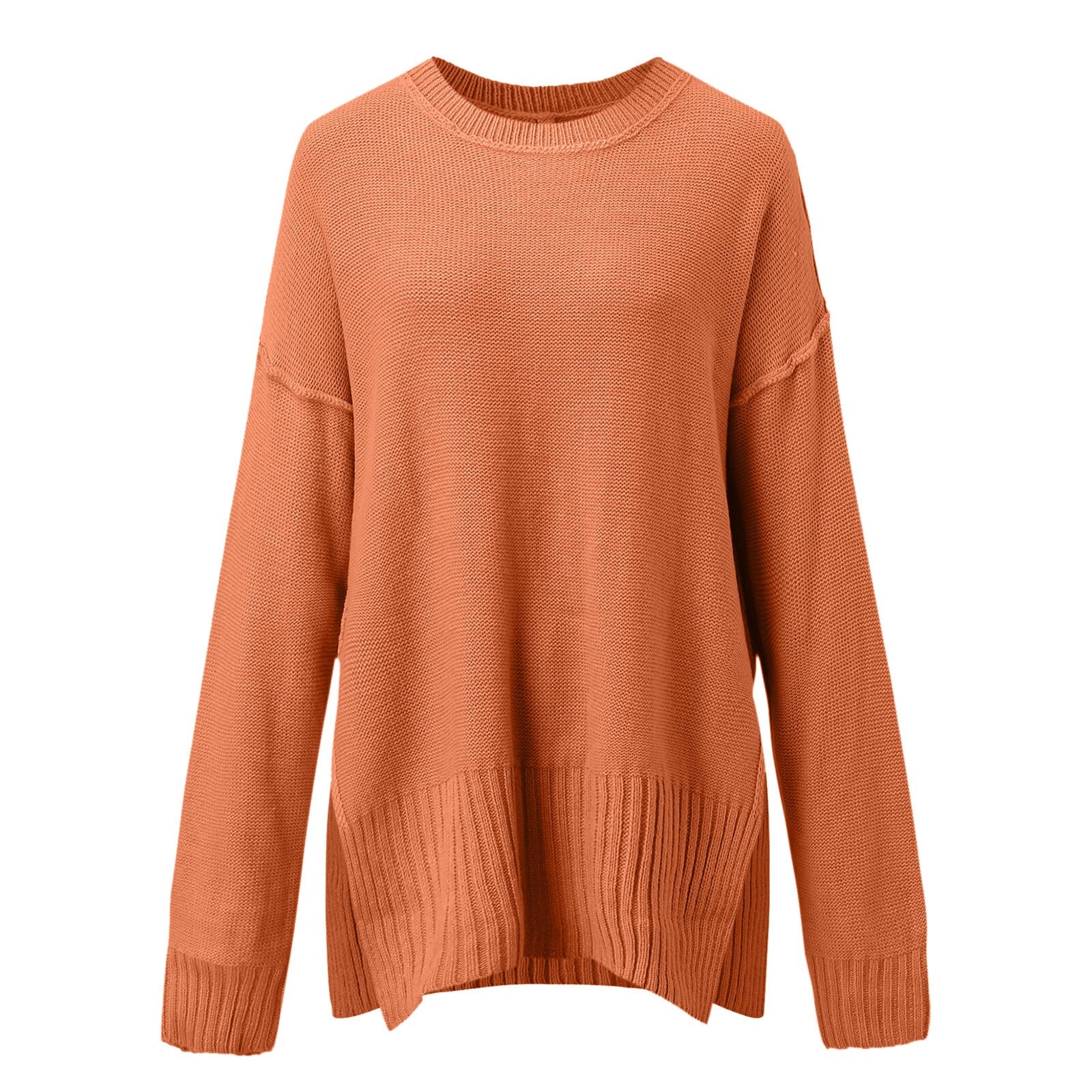 Black Friday Sales Women's Fashion Crewneck Sweater Oversize Vintage Autumn Solid Color Long Sleeve Side Slit Loose Knit Pullover Jumper Tunic Tops