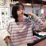 Prettyswomen Long Sleeve T-Shirts Women Striped Rainbow Spliced Tees Womens Chic Ins Loose Harajuku Fashion Tops All-Match Thin Clothing New