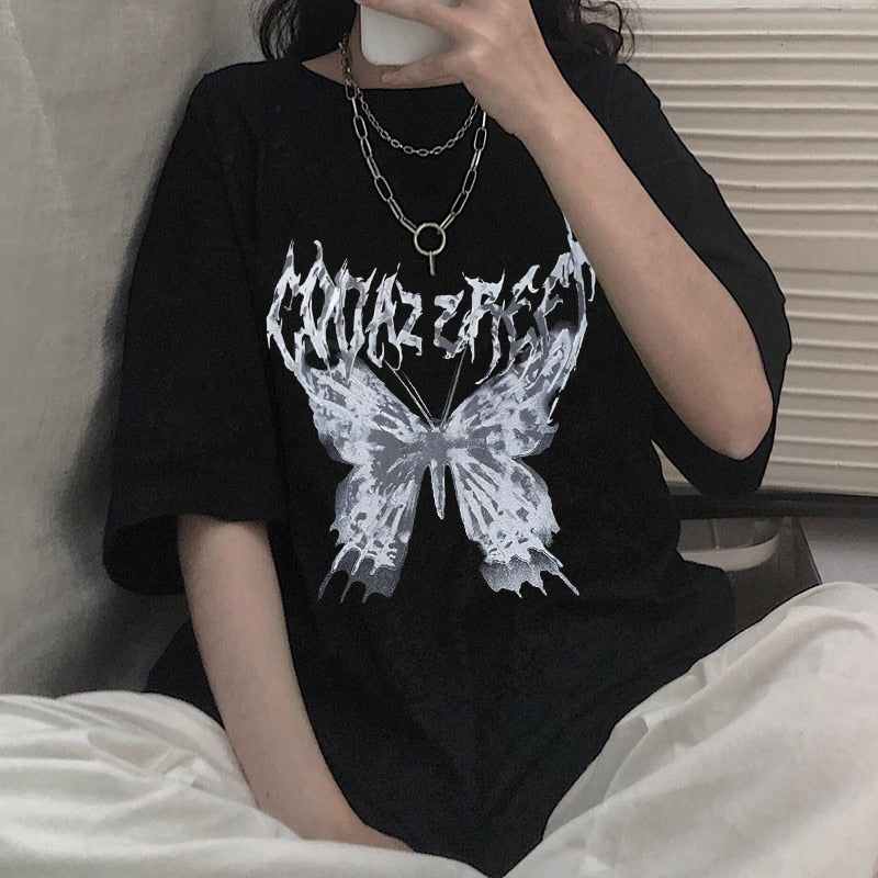 Prettyswomen T Shirt Punk Oversized Butterfly Harajuku Y2K Dark Tops Male Fashion Swag Aesthetic Unisex Hiphop Gothic Tshirts Streetwe Cotton