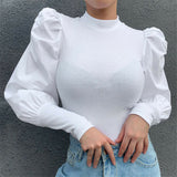 Women Mesh Puff Long Sheer Sleeve Tops Pullover Blouse Shirts Casual Party Club