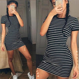 Womens Short Sleeve Striped Party Crew Neck Bodycon Summer Beach T-shirt Dress Sexy Beach Holiday Plus Size Party Dresses Tops