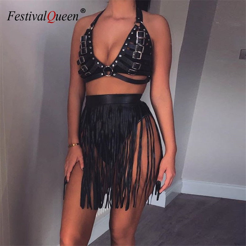 Prettyswomen Black Faux Leather Two Piece Set Buckle Metal Rivet Low Cut Backless Crop Tops Button Tassel Mini Skirts Sexy Punk Party Outfits