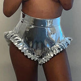 Women’s Shiny Metallic Shorts Summer High Waist Solid Color PU Leather Ruffle Trim Short Pants Gold/Silver/Pink