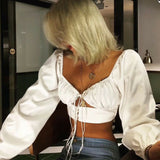 Women Summer New Sexy Lace Up Hollow Out Bandage Shirt Square Collar Long Puff Sleeve Slim Fit Crop Top Blouse Streetwear 2022