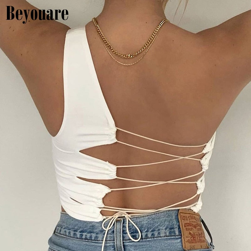 sexy backless one shoulder tank tops women summer criss cross bandage clubwear casual tops hollow out sleeveless tank