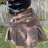 Kawaii Streetwear Brown Denim Pleated Skirts Cute 2000s Aesthetics Zipper A-line Low Waist Mini Skirt with Pockets