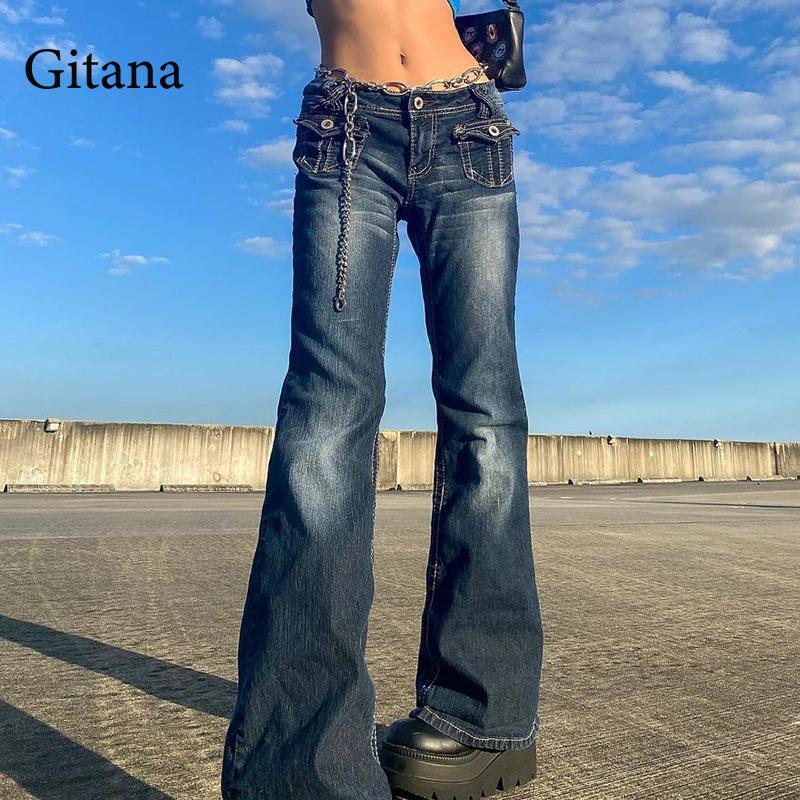 Prettyswomen 2022 Pant Jeans Women Zipper Flare Pockets Retro Trousers Streetwear Urban High Waisted Baggy Jeans Casual Cargo Pants