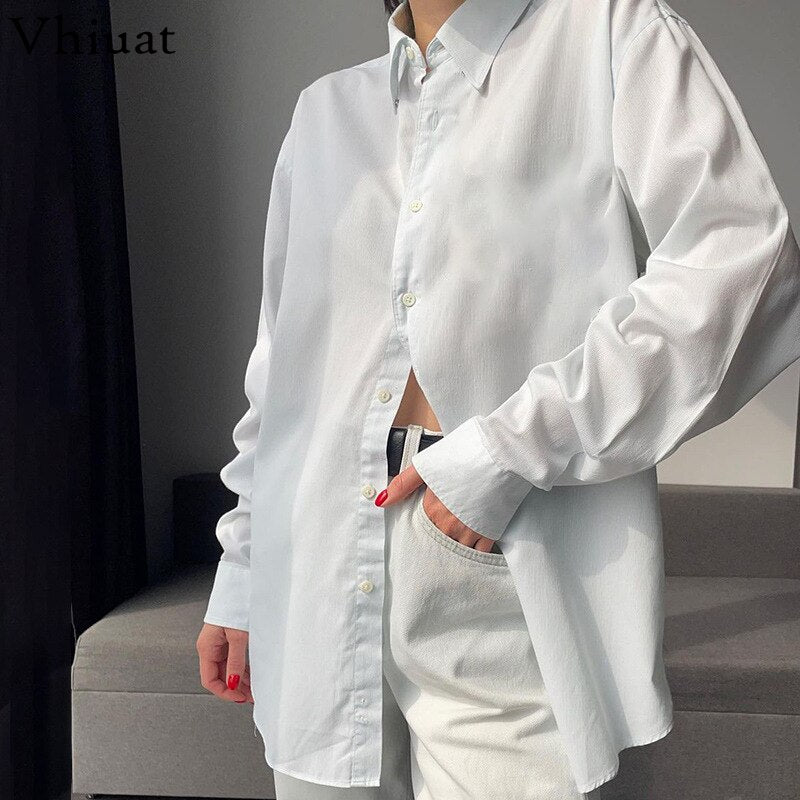 Prettyswomen 2022  Women Autumn Fashion Button Cardigan Oversize Shirt White Long Sleeve Korean Elegant Female Street Loose Blouse Basic Tee