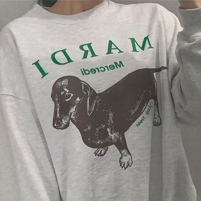 Prettyswomen Retro playful cute dachshund dog letter print  pullover womens 2021 new Korean casual all- match oversized clothes for teenagers