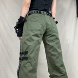 Prettyswomen y2k Grunge Green Zipper Jeans Bandage Low Waist Cargo Pants Gothic Punk Baggy Retro Kawaii Trousers Women Korean Sweatpants