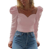 US Women Casual T-shirts Cropped Tops Sheer Tee Long Puff Sleeve Blouse Slim Fit