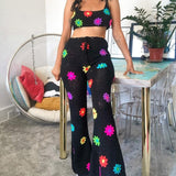 Prettyswomen 2022 Women Knitted Floral Flare Pants Fashion Drawstring High Waist Bell-Bottom Pants Streetwear Summer Hollow Out Crochet Trousers