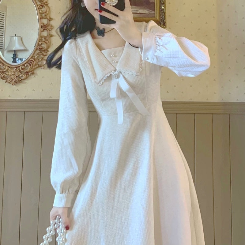 Winter Kawaii Vintage One Piece Dress Women Elegant Lace Party Midi Dress Female Solid Korean Fashion Bow Designer Dress 2022
