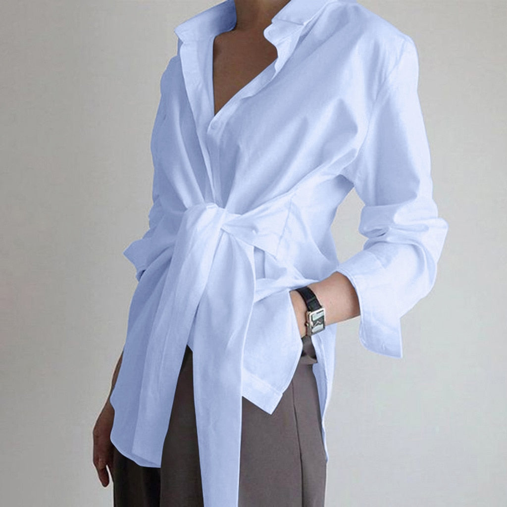 Prettyswomen fashion women shirt blouse long sleeve ruched solid color blouse for office ladies white blue black autumn shirt