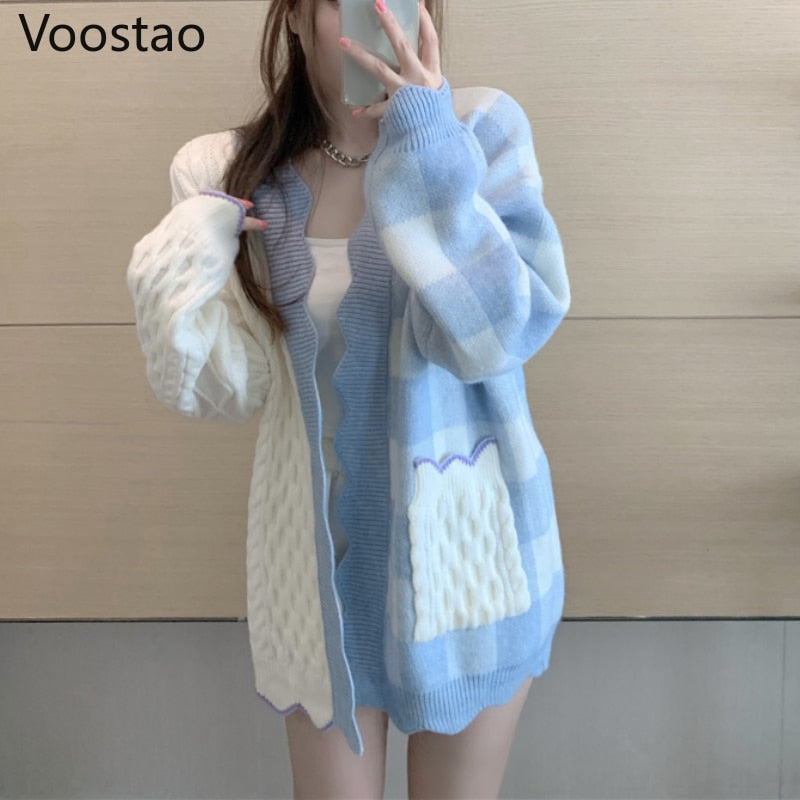 Prettyswomen Korean Sweet Women Elegant Knitted Sweater Autumn Fashion Chic V-Neck Patchwork Plaid Cardigan Outwear Tops Female Loose Coats