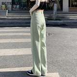 Casual Spring Women Solid Jeans Trousers High Waist Pockets Loose Female Wide Leg Denim Pants Ladies Floor-Length Pants
