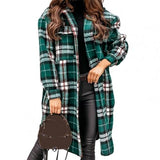 Prettyswomen Women's Coat Turn-Down Collar Long Sleeve Autumn Winter Overcoat Plaid Print Flap Pockets Woolen Oversize Coat Outerwear Пальто