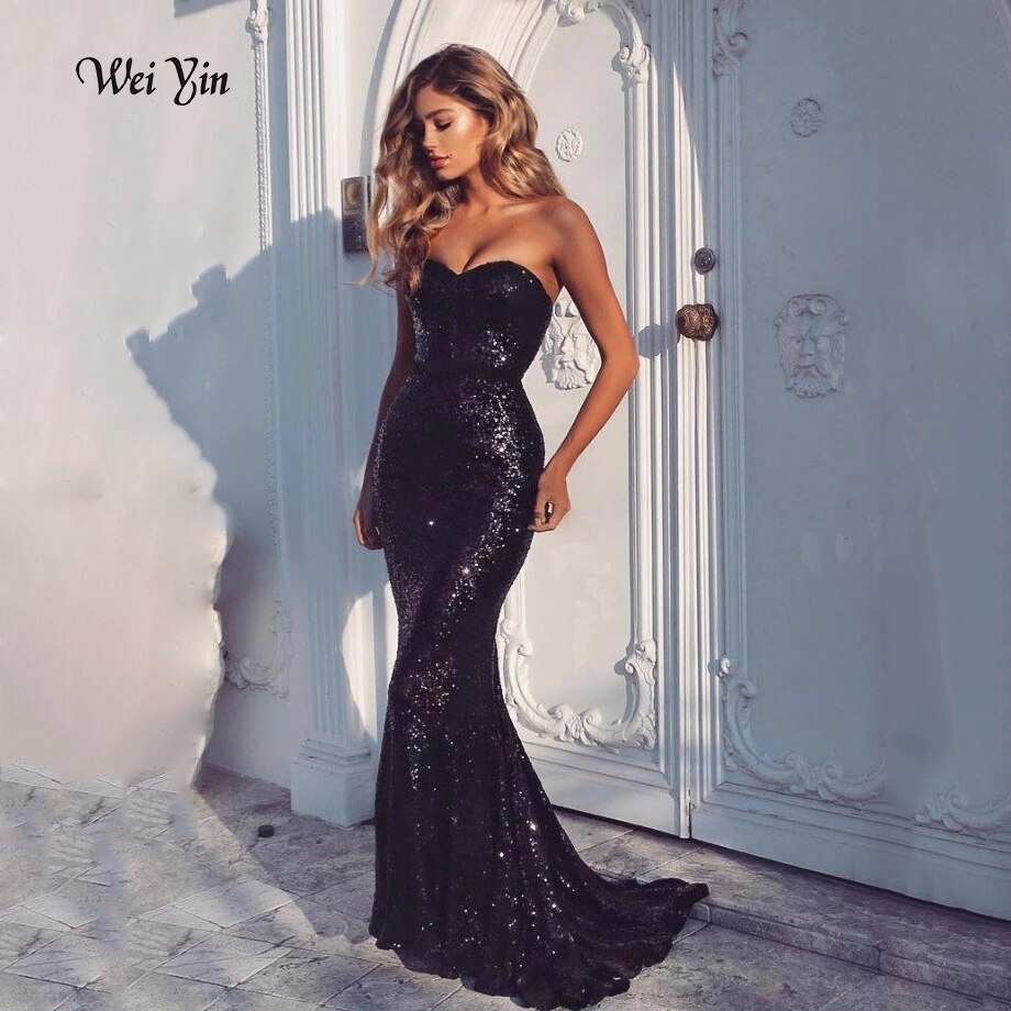 Black Sequined Party Gown Spaghetti Straps Evening Gown Sexy Mermaid  Prom Dresses Long Robe De Soiree
